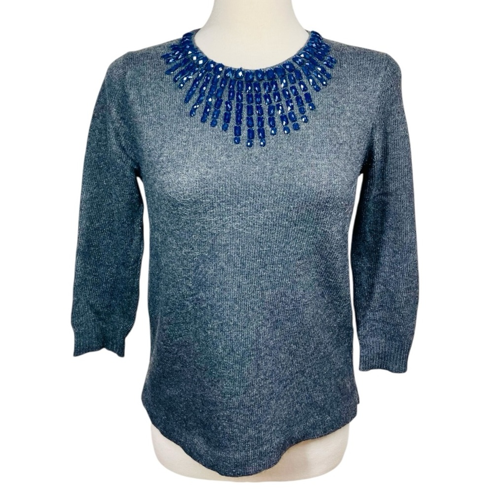 J. Crew Jeweled Starburst Pullover Charcoal Gray Rabbit Hair Wool Sweater XS
